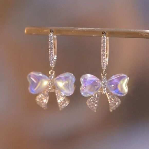 Bow Knot Drop Earrings Inlay Rhinestones Faux Moonstone Dangling Goldtone - Picture 5 of 5